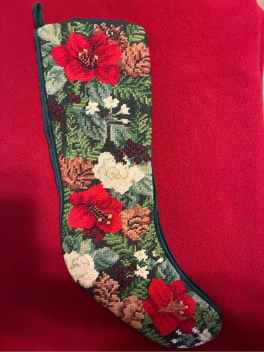 Gardener’s Eden needlepoint Christmas stocking